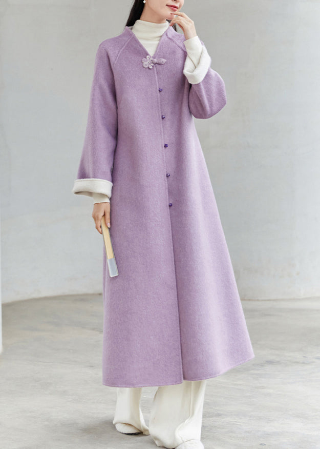 Drune | Chinesischer Stil Lila V-Ausschnitt Knopf Patchwork Lockere Wollmäntel Winter