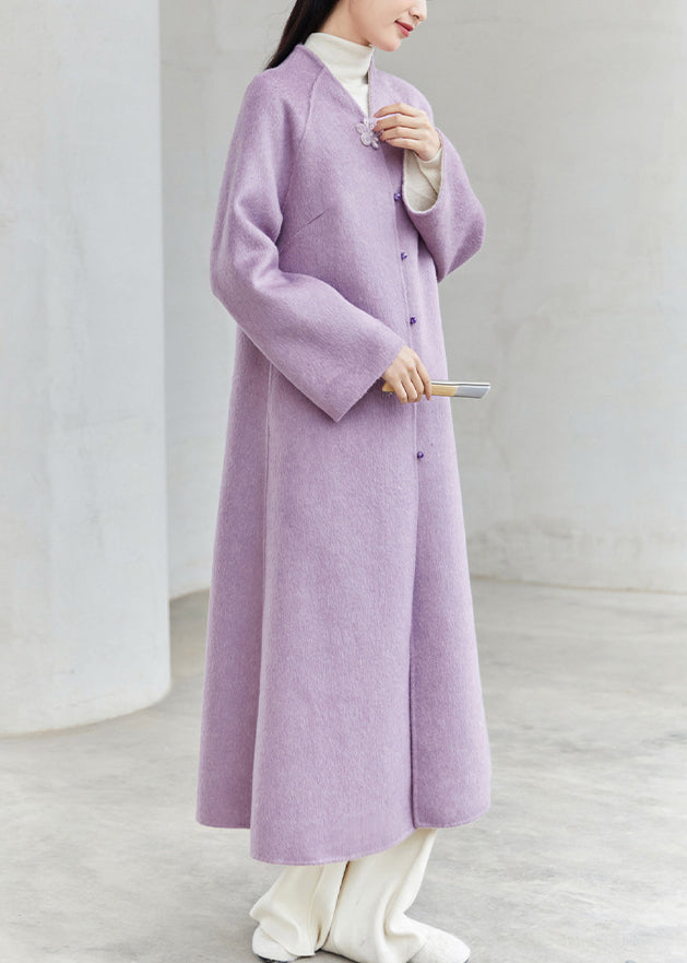 Drune | Chinesischer Stil Lila V-Ausschnitt Knopf Patchwork Lockere Wollmäntel Winter