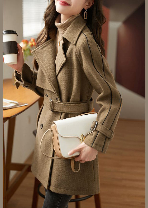 Drune | Coffee Button Tie Waist Patchwork Wollmäntel