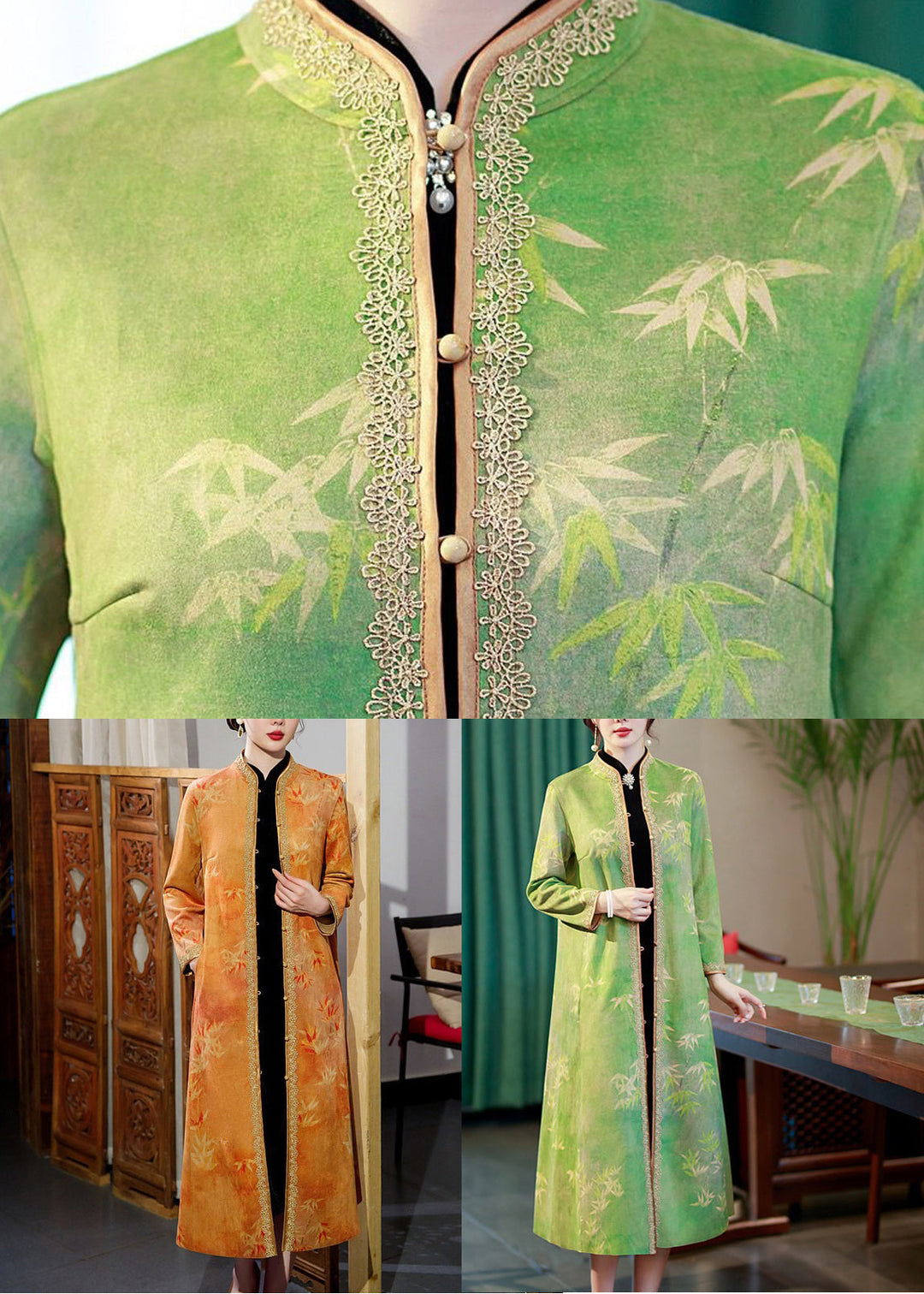 Drune | Grüner Druck Knopf Taschen Patchwork Lange Mäntel