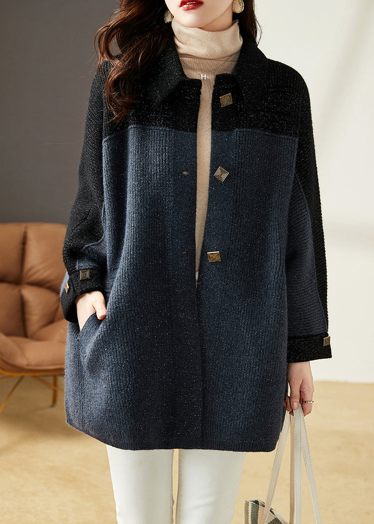 Drune | Grau Blau Knopf Taschen Patchwork Strick Mäntel Lange Ärmel
