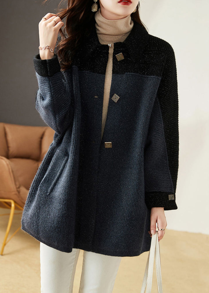 Drune | Grau Blau Knopf Taschen Patchwork Strick Mäntel Lange Ärmel