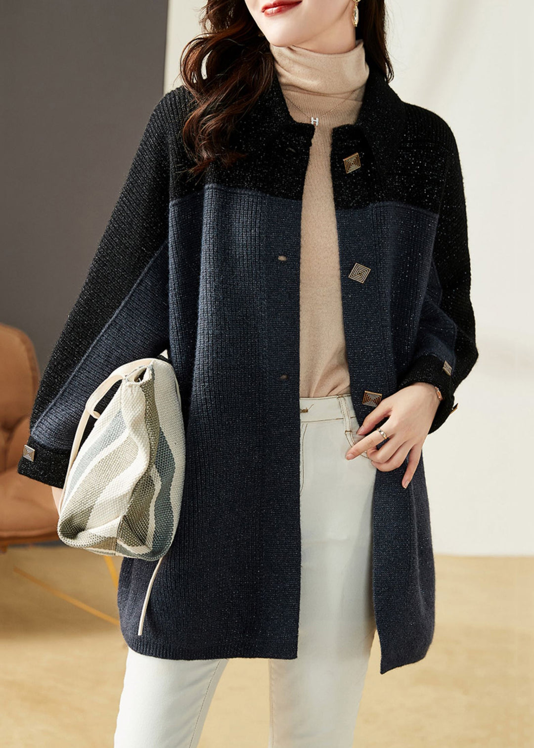 Drune | Grau Blau Knopf Taschen Patchwork Strick Mäntel Lange Ärmel