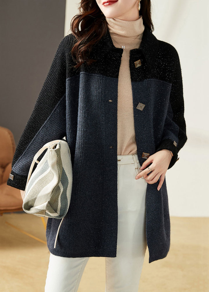 Drune | Grau Blau Knopf Taschen Patchwork Strick Mäntel Lange Ärmel