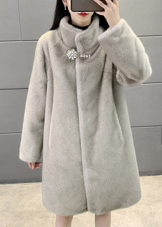 Drune | Graue Stehkragen Knopf Patchwork Flauschige Pelz Fluffy Mäntel Winter