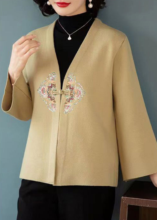 Drune | Khaki V-Ausschnitt bestickte Patchwork-Wollmäntel