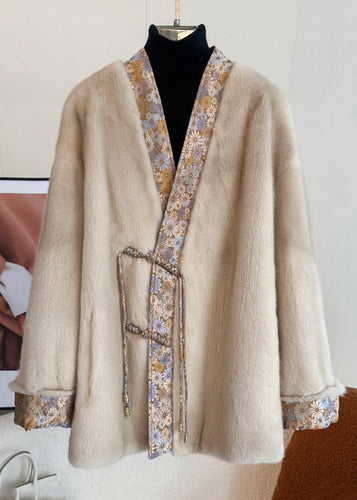 Drune | Licht Camel V-Ausschnitt Knopf Patchwork Nerz Fell Mäntel