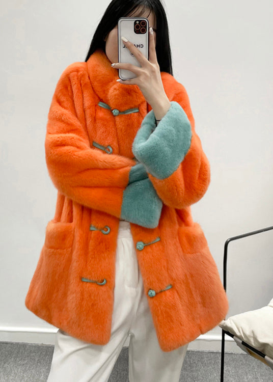 Drune | Retro Orange Stehkragen Taschen Chinesischer Knopf Kunstpelzjacken Winter