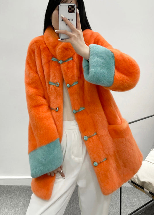 Drune | Retro Orange Stehkragen Taschen Chinesischer Knopf Kunstpelzjacken Winter