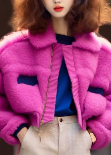 Drune | Rose Peter Pan Kragen Reißverschluss Teddy Kunstpelz Mäntel Lange Ärmel