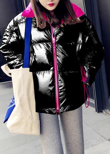 Drune | schwarze Patchwork-Daunenjacke Winter Weit geschnittene Schneejacken Stehkragen mit Reißverschluss Drune | Übermantel