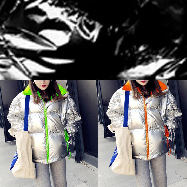 Drune | schwarze Patchwork-Daunenjacke Winter Weit geschnittene Schneejacken Stehkragen mit Reißverschluss Drune | Übermantel
