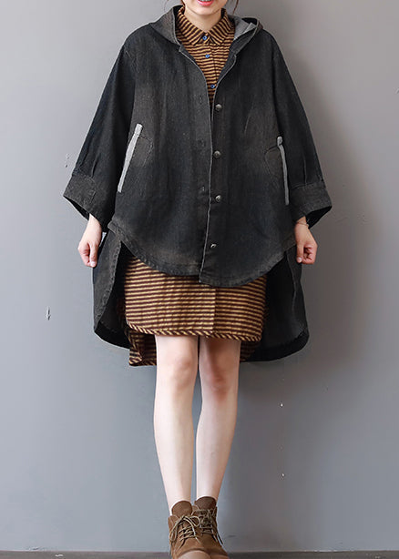 Drune | dunkelgraue Denim-Mäntel trendiger Plus-Size Kapuzen-Trenchcoat feiner niedriger hoher Design-Mantel