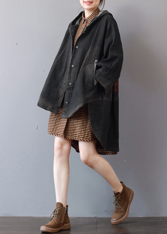 Drune | dunkelgraue Denim-Mäntel trendiger Plus-Size Kapuzen-Trenchcoat feiner niedriger hoher Design-Mantel