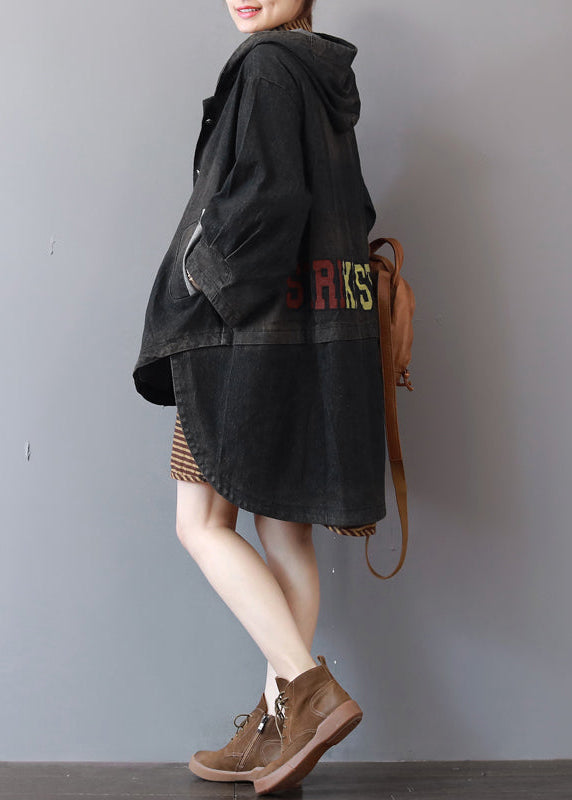 Drune | dunkelgraue Denim-Mäntel trendiger Plus-Size Kapuzen-Trenchcoat feiner niedriger hoher Design-Mantel
