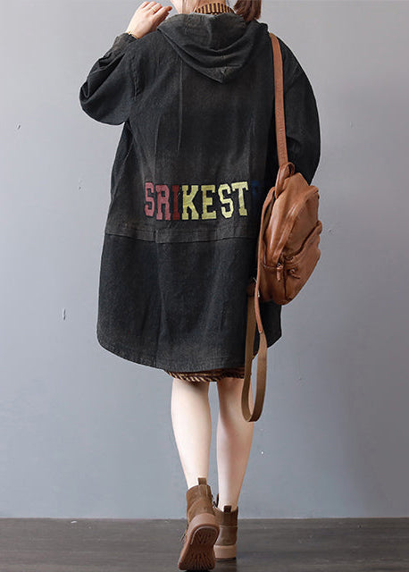 Drune | dunkelgraue Denim-Mäntel trendiger Plus-Size Kapuzen-Trenchcoat feiner niedriger hoher Design-Mantel