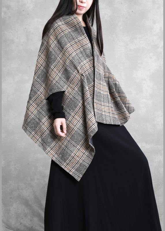 Drune | Plus-Size-Mittel-lang Mantel Oberbekleidung khaki kariert asymmetrisch Batwing Ärmel Wollmäntel