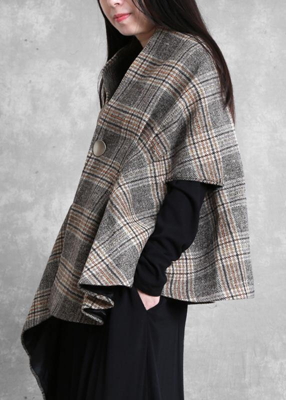 Drune | Plus-Size-Mittel-lang Mantel Oberbekleidung khaki kariert asymmetrisch Batwing Ärmel Wollmäntel