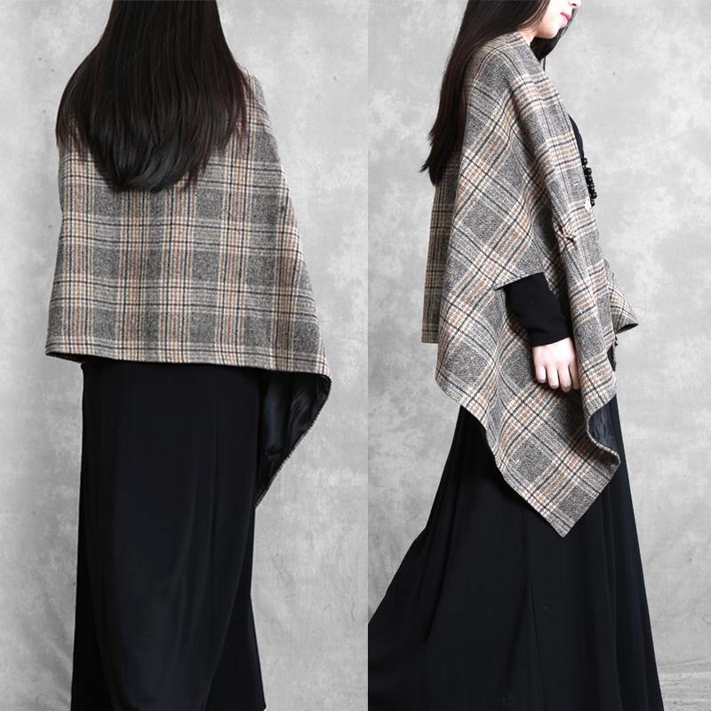 Drune | Plus-Size-Mittel-lang Mantel Oberbekleidung khaki kariert asymmetrisch Batwing Ärmel Wollmäntel