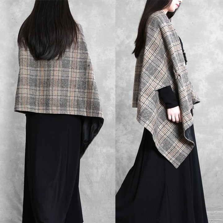 Drune | Plus-Size-Mittel-lang Mantel Oberbekleidung khaki kariert asymmetrisch Batwing Ärmel Wollmäntel