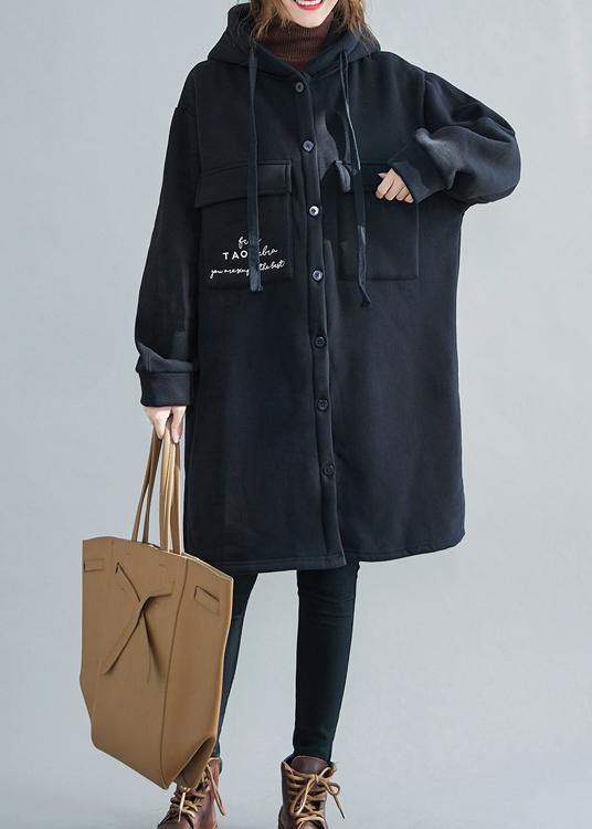 Drune | Plus Size Schneejacken schwarze Stickerei Kapuze Taschen lässiges Outfit