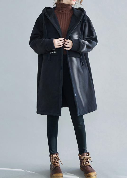 Drune | Plus Size Schneejacken schwarze Stickerei Kapuze Taschen lässiges Outfit