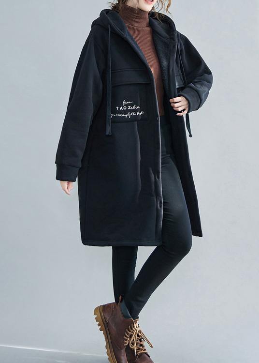 Drune | Plus Size Schneejacken schwarze Stickerei Kapuze Taschen lässiges Outfit