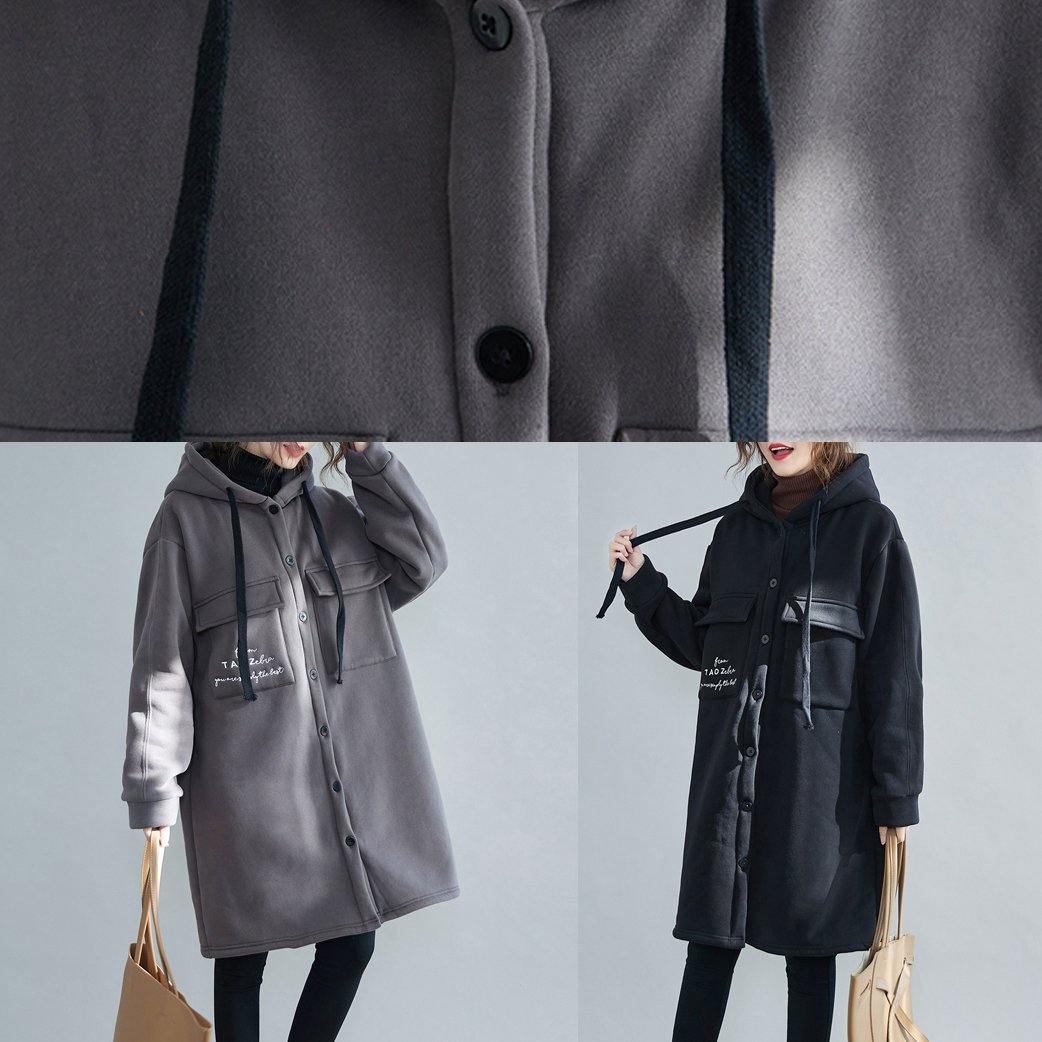 Drune | Plus Size Schneejacken schwarze Stickerei Kapuze Taschen lässiges Outfit
