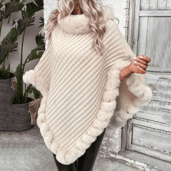 Drune | Poncho mit weicher Webstruktur – stilvoller Damenponcho mit Kragen und Kunstpelzabschluss