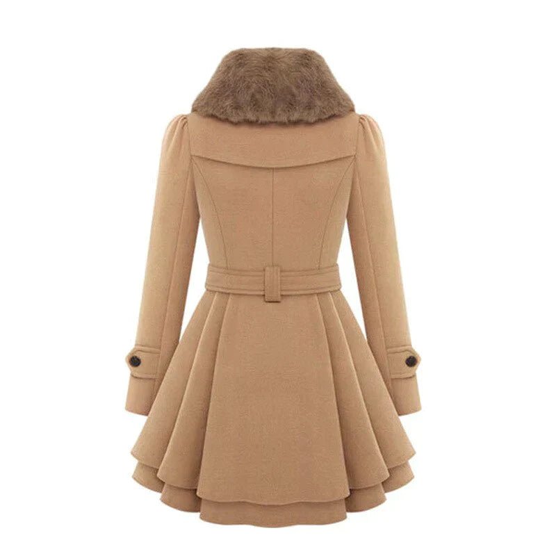 Drune | und-Flare Doppelreihiger Mantel - Faux-Fur-Kragen - Eleganter Winterstil - Mit Gürtel Design