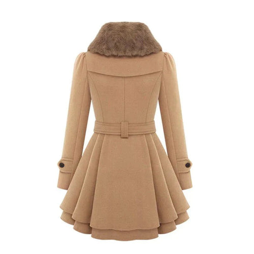 Drune | und-Flare Doppelreihiger Mantel - Faux-Fur-Kragen - Eleganter Winterstil - Mit Gürtel Design