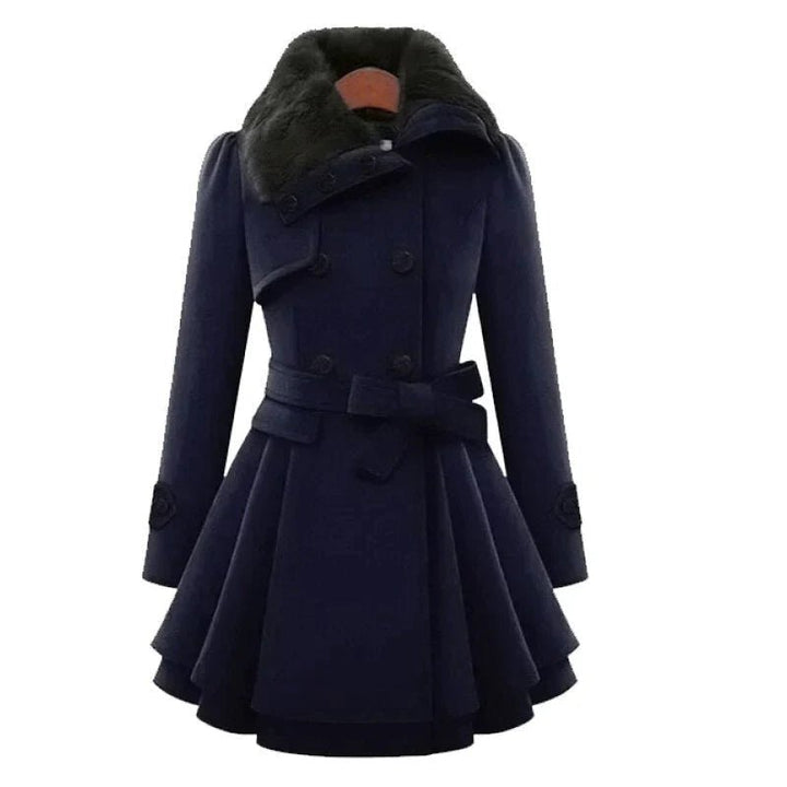 Drune | und-Flare Doppelreihiger Mantel - Faux-Fur-Kragen - Eleganter Winterstil - Mit Gürtel Design