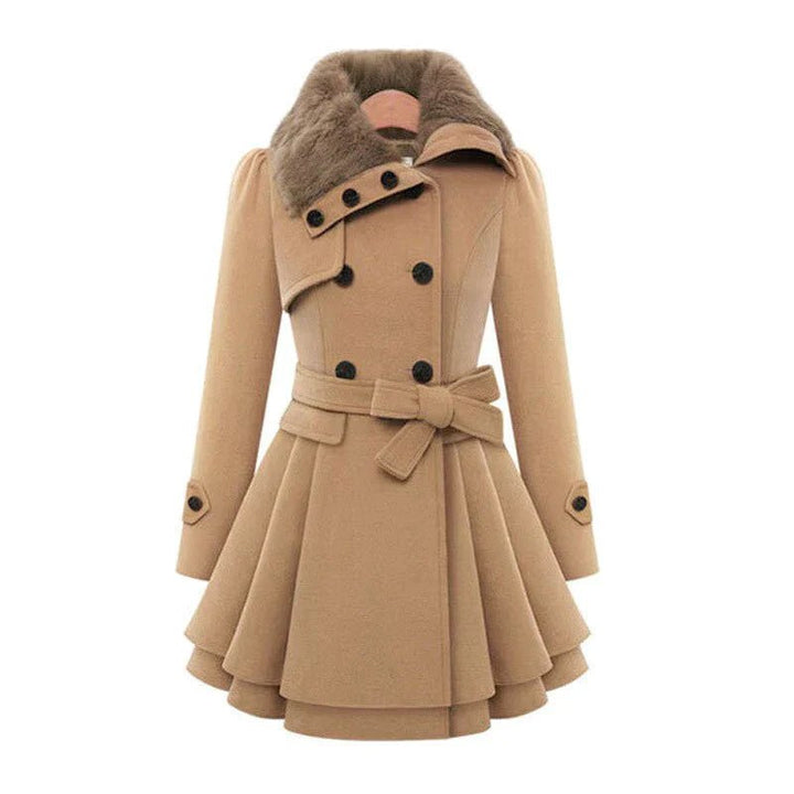 Drune | und-Flare Doppelreihiger Mantel - Faux-Fur-Kragen - Eleganter Winterstil - Mit Gürtel Design