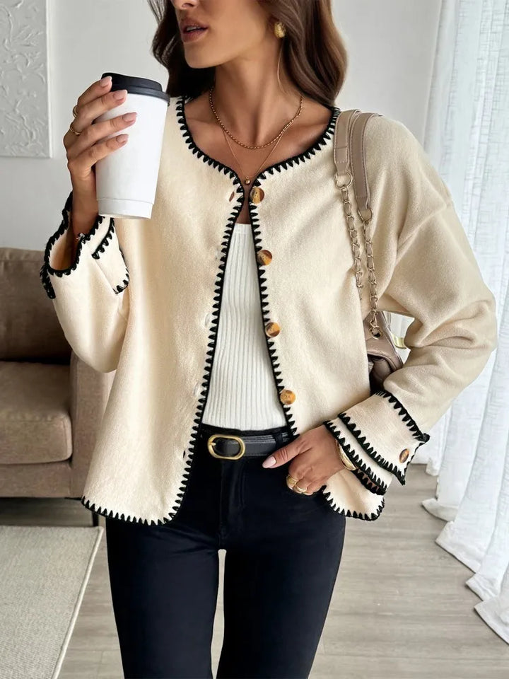 Drune | Damen Casual Lockere Strickjacke mit Langen Ärmeln und Kontrastnähten