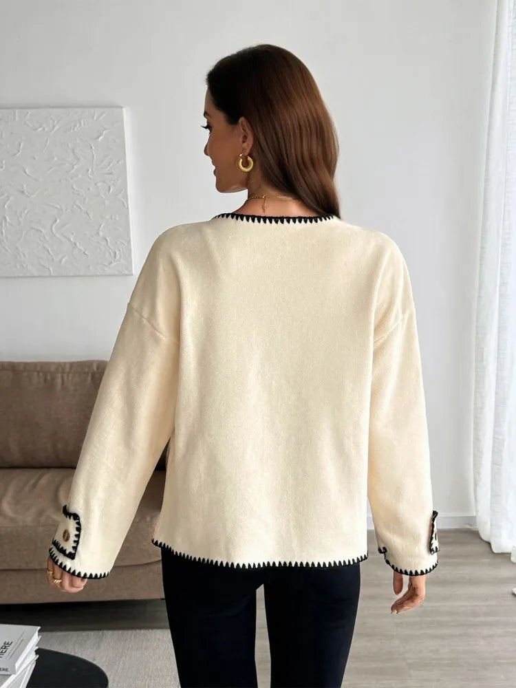 Drune | Damen Casual Lockere Strickjacke mit Langen Ärmeln und Kontrastnähten