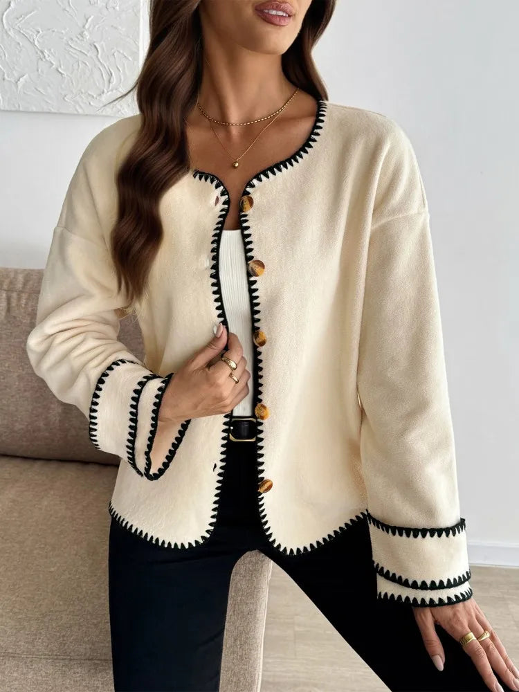 Drune | Damen Casual Lockere Strickjacke mit Langen Ärmeln und Kontrastnähten