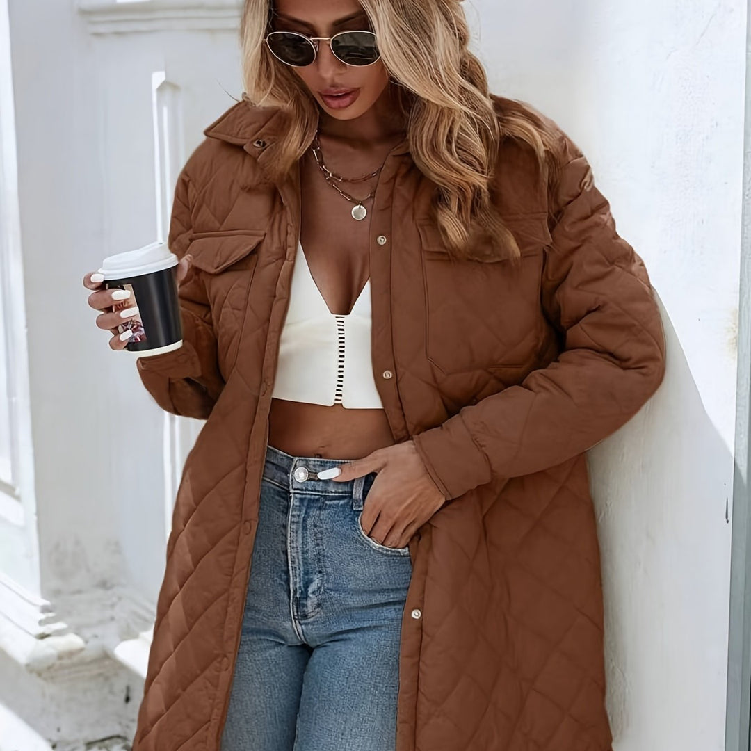 Drune | Damen Wattierte Pufferjacke mit Knopfverschluss und langer Passform