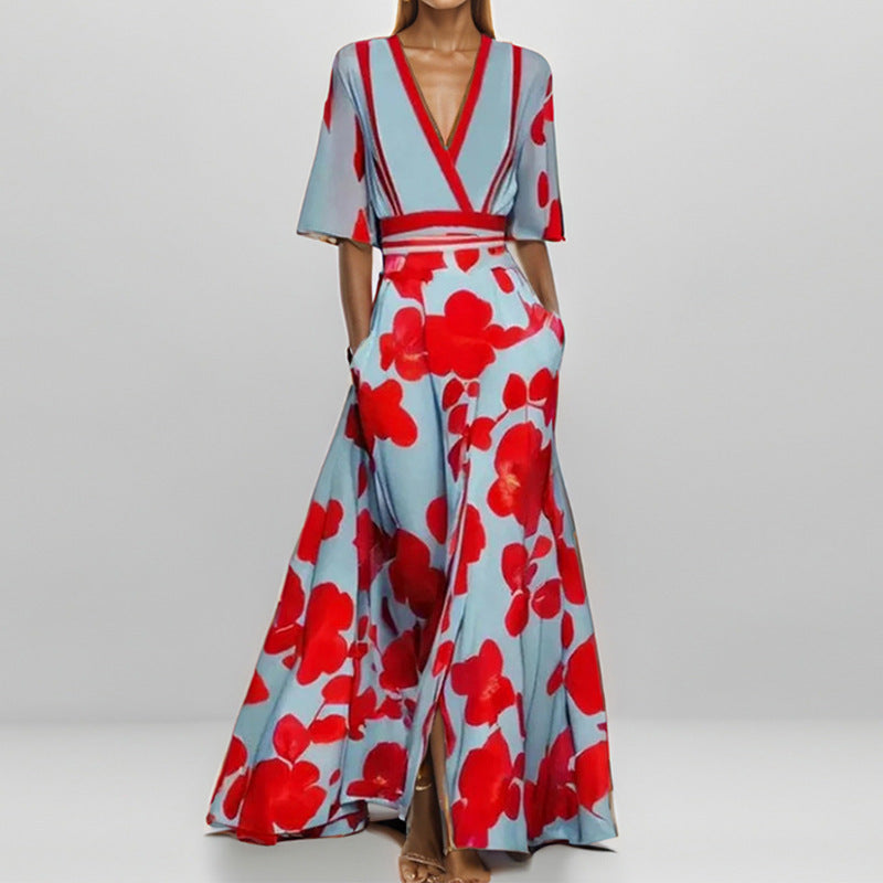 Damen Maxikleid mit buntem abstrakten Muster und V-Ausschnitt Drune