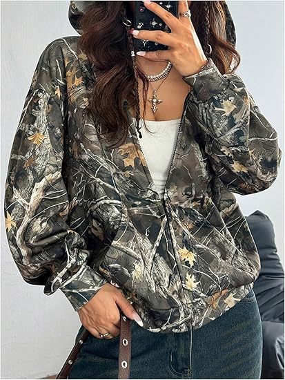 Damen Kapuzenjacke mit camouflage Muster und lockerer Passform Drune