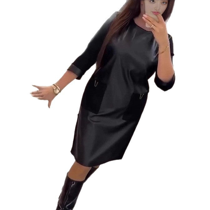 Damen Elegantes Lederkleid mit praktischen Reißverschlusstaschen Drune