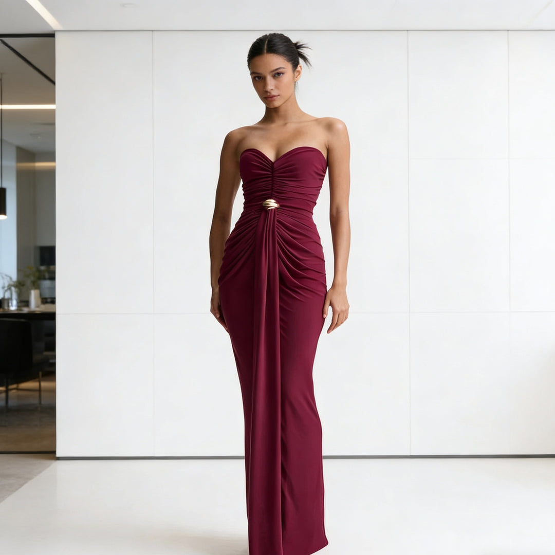 Damen Elegantes Drapeekleid mit schulterfreiem Design und kunstvollem Bund Drune