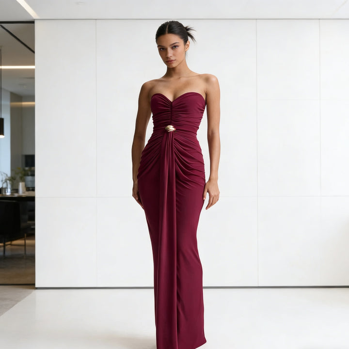 Damen Elegantes Drapeekleid mit schulterfreiem Design und kunstvollem Bund Drune