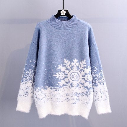 Damen Grobstrickpullover mit festlichem Schneeflockenmotiv und weichem Kragen Drune
