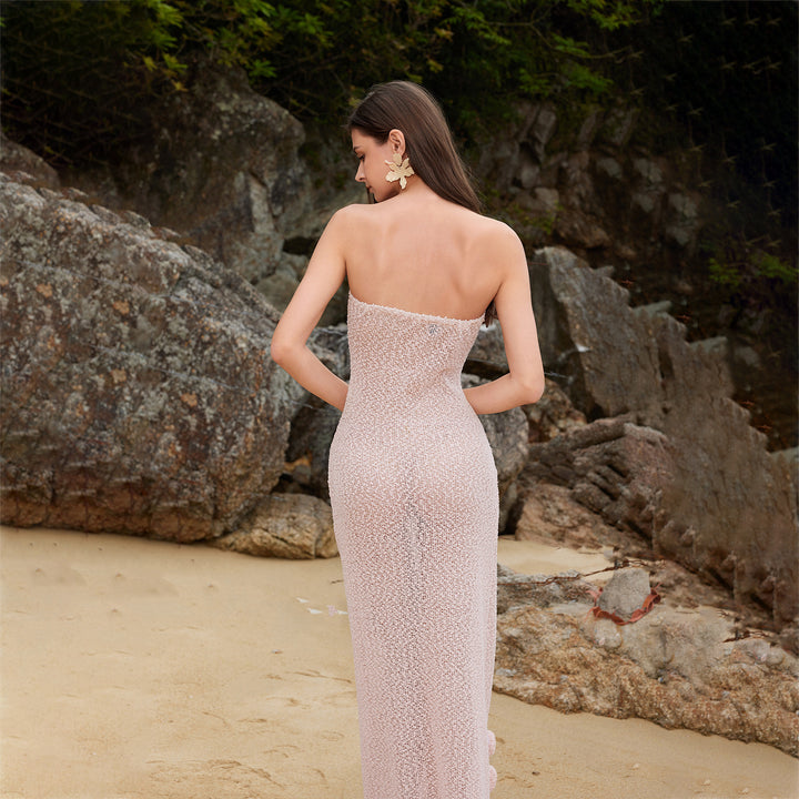 Damen figurbetontes Strandkleid mit Blumenapplikationen Drune