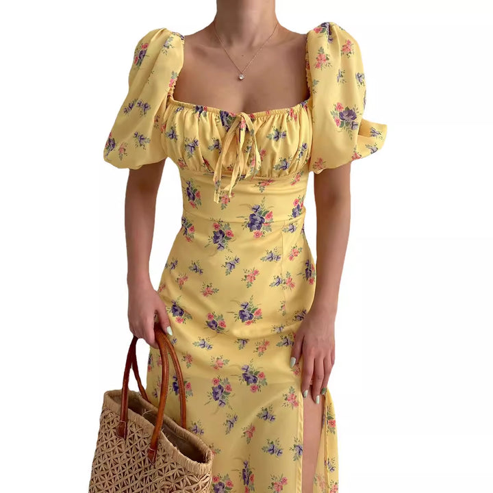 Damen Blütenmuster Maxikleid mit Puffärmeln und hohem Beinschlitz Drune