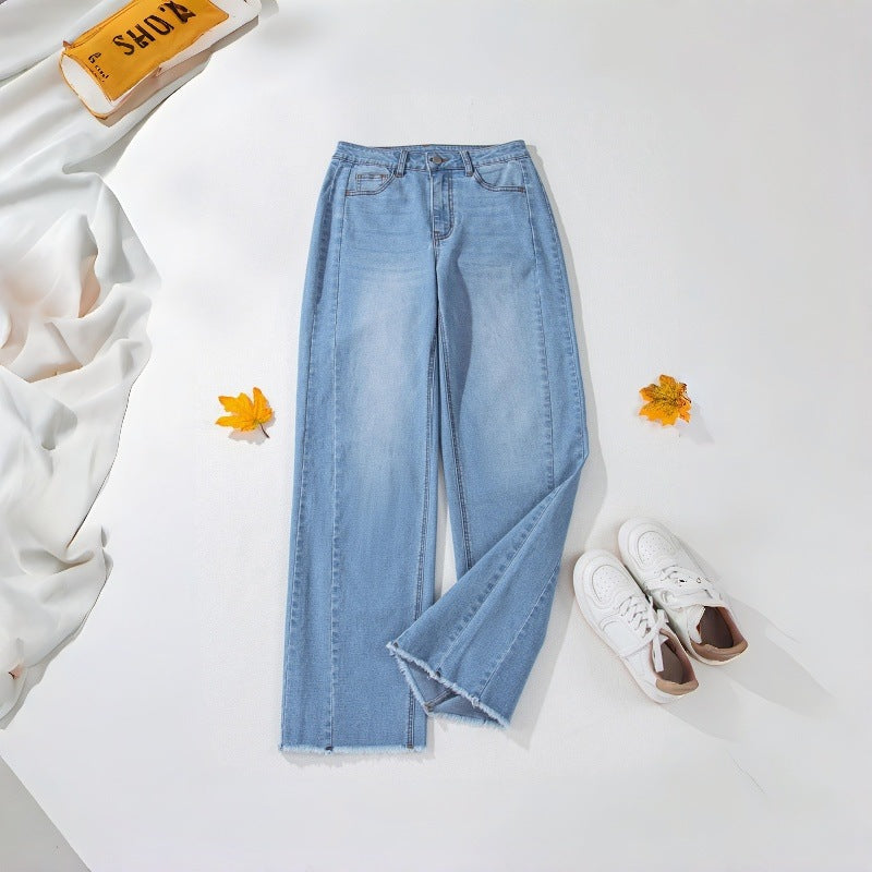 Damen Weite Denim-Hose mit rohem Saum und praktischen Taschen Drune