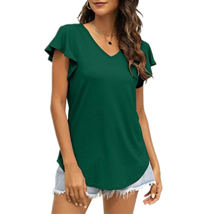 Damen V-Ausschnitt T-Shirt mit Rüschenärmeln und lässigem Schnitt Drune