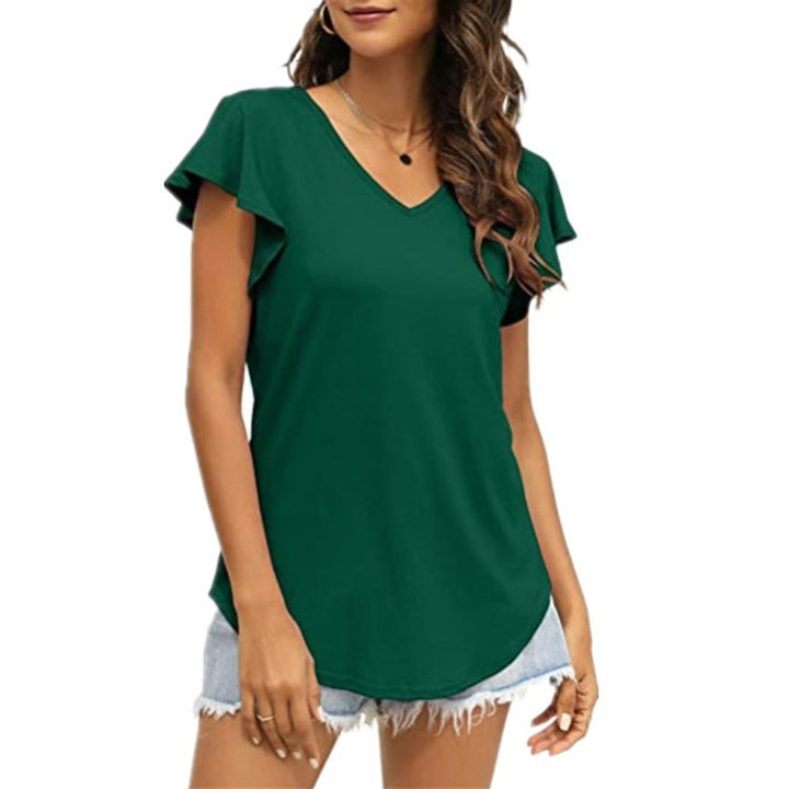 Damen V-Ausschnitt T-Shirt mit Rüschenärmeln und lässigem Schnitt Drune