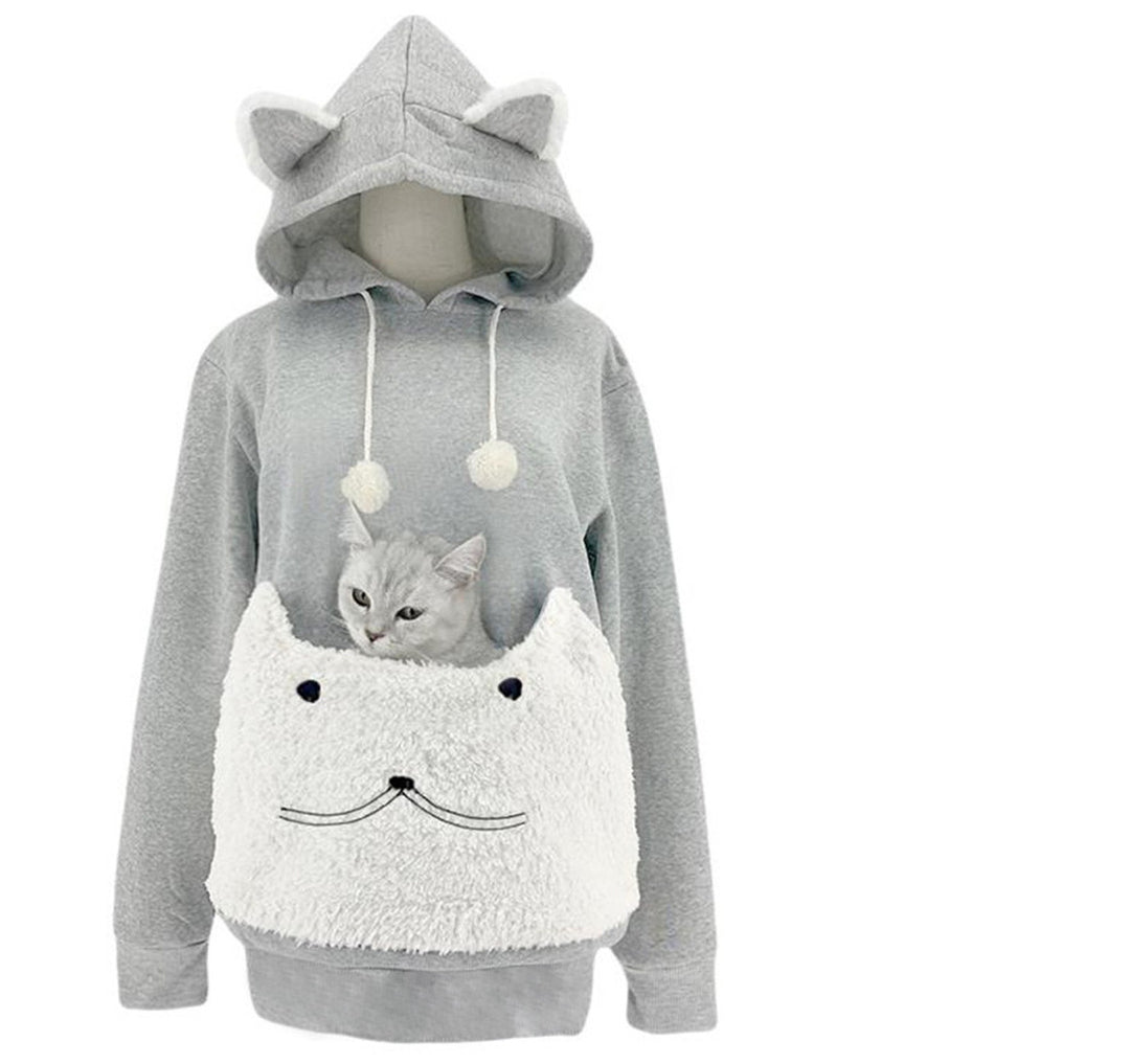 Damen Kuscheliger Kapuzenpullover mit Katzenmotiv und praktischer Känguru-Tasche Drune