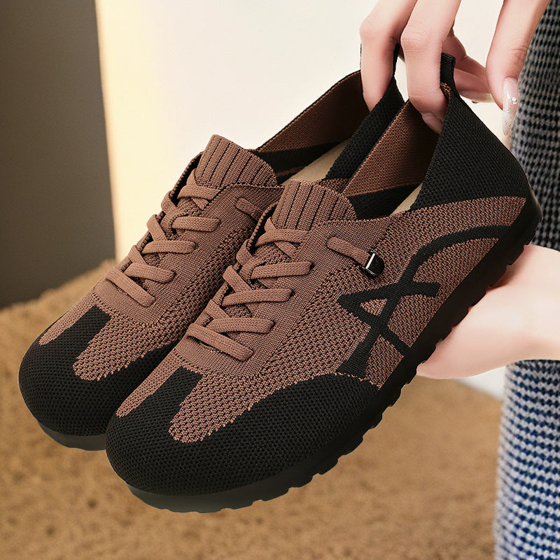 Damen nan komfortabler gestrickter Slip-On Sneaker mit elastischem Schaft, dekorativer Schnürung und flexibler rutschfester Laufsohle Drune